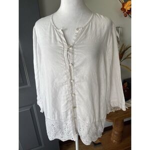 J Jill Love 100% Linen White Eyelet Lace Trim Button Up Top Large 3/4 Sleeve